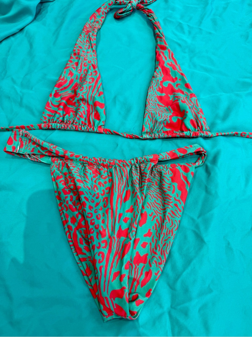 iNAMORATA Red and Teal Animal-Print Bikini Set